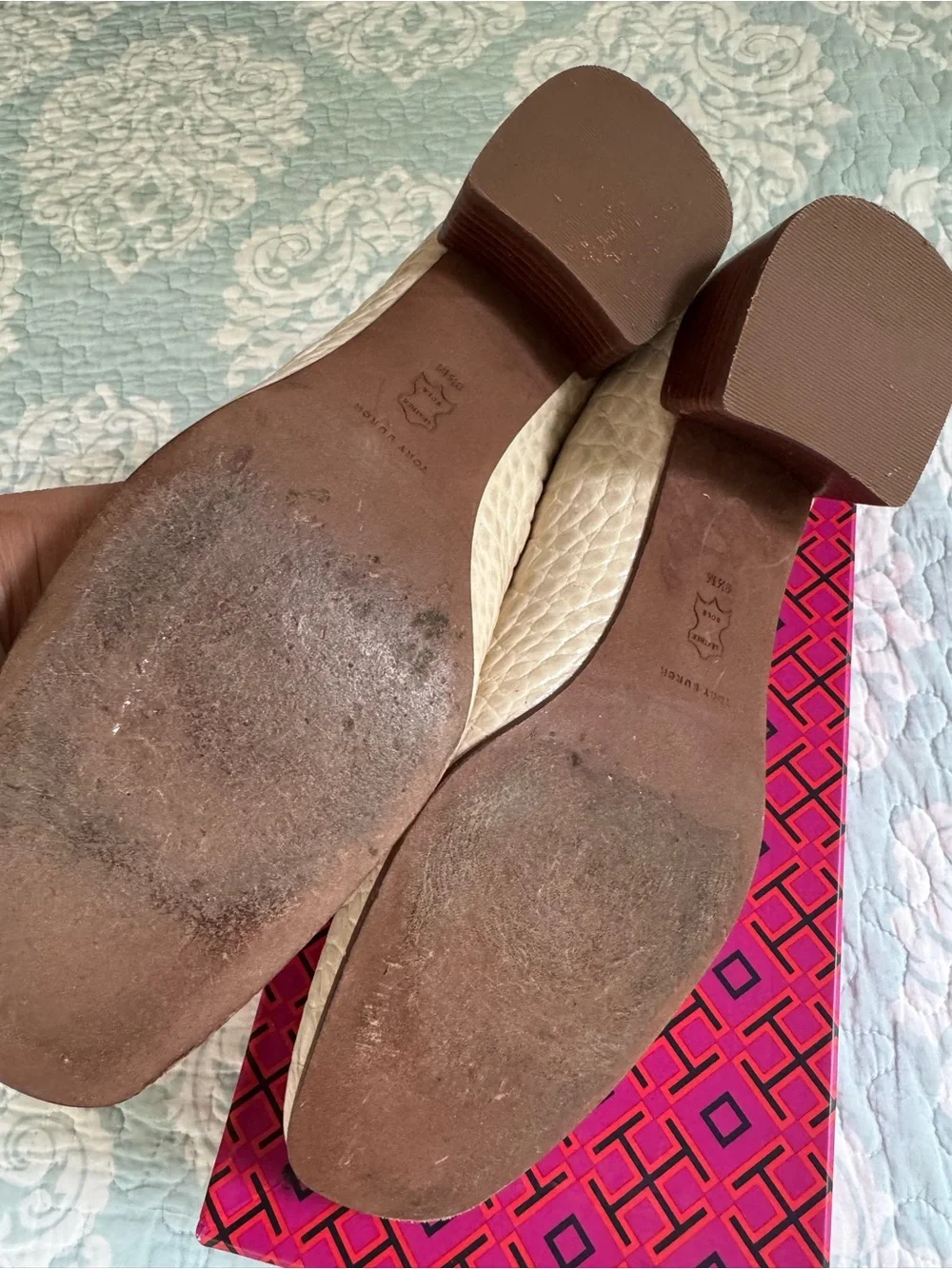 Tory Burch Cream Croc-Embossed Logo Heels